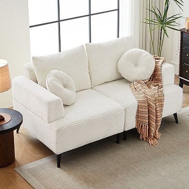 66.1"W White Corduroy Couch, Modern Comfy Cushion Sectional Sofa, Upholstered Loveseat with Pillow