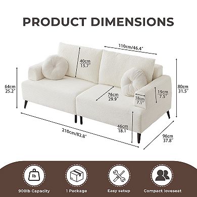 82.8"W White Corduroy Couch, Upholstered Loveseat, Modern Comfy Cushion 3-seater Sectional Sofa