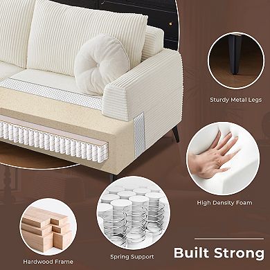 82.8"W White Corduroy Couch, Upholstered Loveseat, Modern Comfy Cushion 3-seater Sectional Sofa
