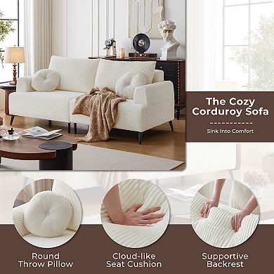 82.8"W White Corduroy Couch, Upholstered Loveseat, Modern Comfy Cushion 3-seater Sectional Sofa