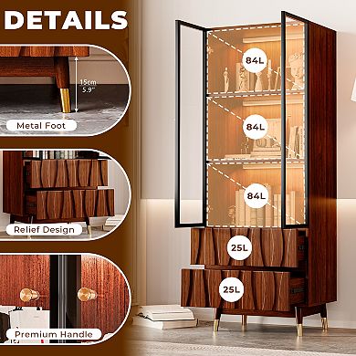Walnut Finish 3-Tier Glass Display Cabinet for Living Room, Modern Curio Case with Drawers, Brown