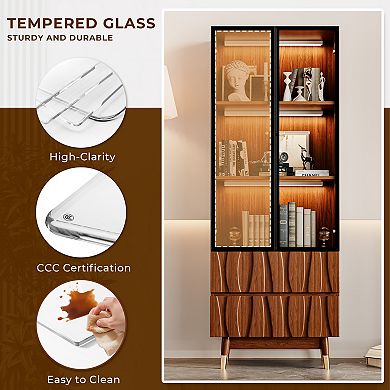 Walnut Finish 3-Tier Glass Display Cabinet for Living Room, Modern Curio Case with Drawers, Brown