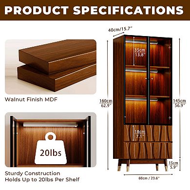 Walnut Finish 3-Tier Glass Display Cabinet for Living Room, Modern Curio Case with Drawers, Brown