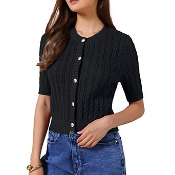 Short Sleeve Summer Cardigan for Women Cable Knit Button Down Crew Neck Trendy Sweater Crop Top