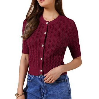Short Sleeve Summer Cardigan for Women Cable Knit Button Down Crew Neck Trendy Sweater Crop Top