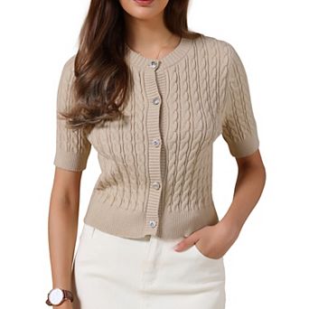 Short Sleeve Summer Cardigan for Women Cable Knit Button Down Crew Neck Trendy Sweater Crop Top
