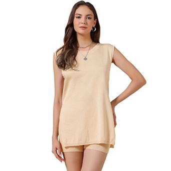 2 pc Lounge Set for Women's Ribbed Knit Sleeveless Crew Neck Top Shorts Casual Suit Sets