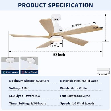 52 inch Modern Farmhouse Solid Wood Black Ceiling Fan with Light Quiet DC Motor