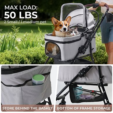 4 Wheels Foldable Pet Stroller 360° Rotating Wheels Separable Carrier Travel Bag for Small Animals