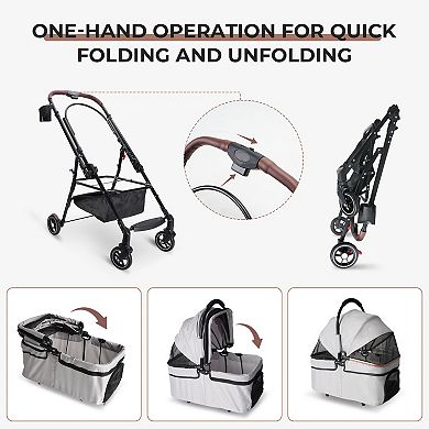 4 Wheels Foldable Pet Stroller 360° Rotating Wheels Separable Carrier Travel Bag for Small Animals