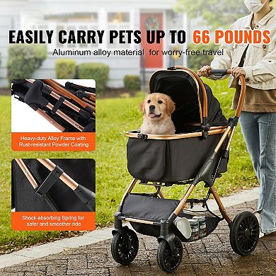 4 Wheels Dog Stroller Rotate with Brakes 66 lbs Weight Capacity Detachable Carrier Storage Pet Pad