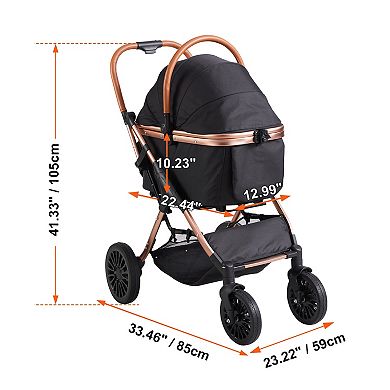 4 Wheels Dog Stroller Rotate with Brakes 66 lbs Weight Capacity Detachable Carrier Storage Pet Pad
