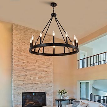 12Light Wagon Wheel Chandelier Farmhouse Dining Room Light Fixture Black Ceiling Light