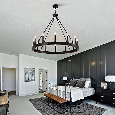 12Light Wagon Wheel Chandelier Farmhouse Dining Room Light Fixture Black Ceiling Light