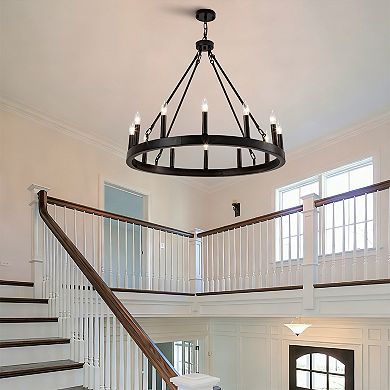 12Light Wagon Wheel Chandelier Farmhouse Dining Room Light Fixture Black Ceiling Light