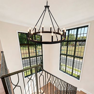 12Light Wagon Wheel Chandelier Farmhouse Dining Room Light Fixture Black Ceiling Light