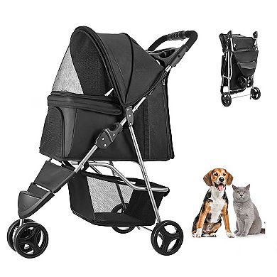 Pet Stroller Foldable 3 Wheels Dog Stroller with Brake up to 35lbs Travel Camp