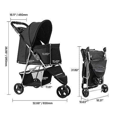 Pet Stroller Foldable 3 Wheels Dog Stroller with Brake up to 35lbs Travel Camp