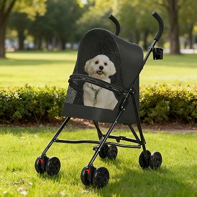 Pet Stroller for Small Dogs Cats with Mesh Ventilation Lightweight Foldable Design Cup Holder Black