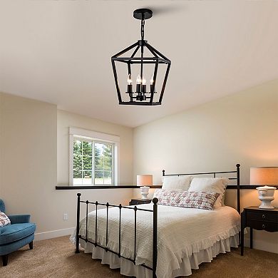 Farmhouse Lantern Chandelier 4Light Industrial Black Ceiling Light Fixture Adjustable