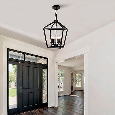 Farmhouse Lantern Chandelier 4Light Industrial Black Ceiling Light Fixture Adjustable
