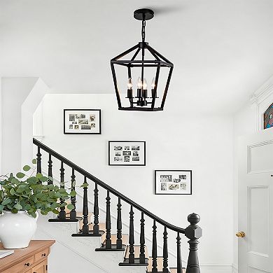 Farmhouse Lantern Chandelier 4Light Industrial Black Ceiling Light Fixture Adjustable