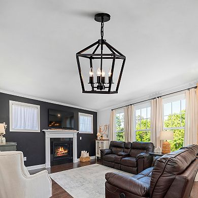Farmhouse Lantern Chandelier 4Light Industrial Black Ceiling Light Fixture Adjustable