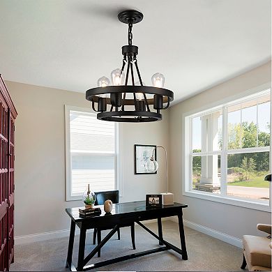 Fourlight plugin pendant lamp carriage wheel design black circular metal pendant