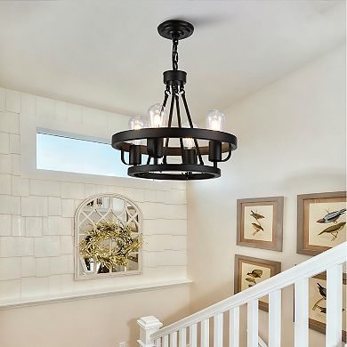 Fourlight plugin pendant lamp carriage wheel design black circular metal pendant