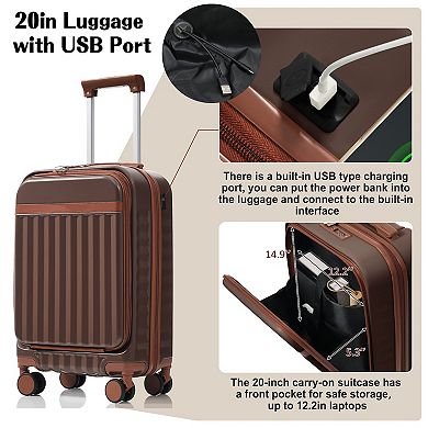 3-Piece Luggage Set 20 Inch with USB Port ABS Hard-Shell Suitcase with 360-Degree Spinner Wheels