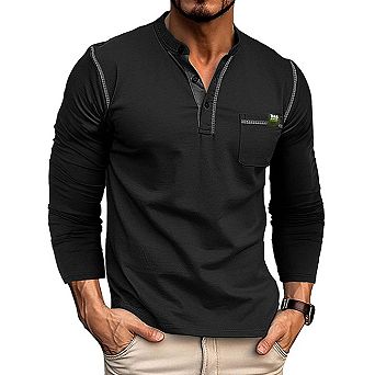 Men's Casual Short Sleeved Basic Style Classic Henry Shirt Button T-shirt with Pocket