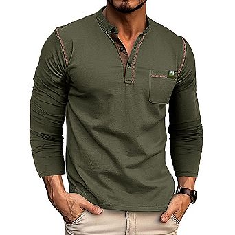 Men's Casual Short Sleeved Basic Style Classic Henry Shirt Button T-shirt with Pocket