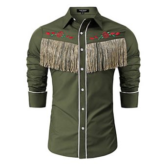Men's Western Cowboy Shirt Long Sleeve Fringe & Rose Embroidery Slim Fit