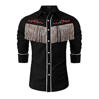Men's Western Cowboy Shirt Long Sleeve Fringe & Rose Embroidery Slim Fit