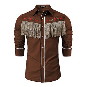 Men's Western Cowboy Shirt Long Sleeve Fringe & Rose Embroidery Slim Fit