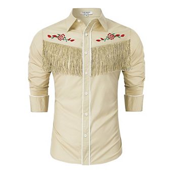 Men's Western Cowboy Shirt Long Sleeve Fringe & Rose Embroidery Slim Fit