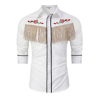 Men's Western Cowboy Shirt Long Sleeve Fringe & Rose Embroidery Slim Fit