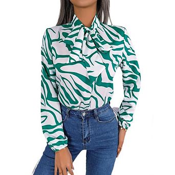 Women Tie Neck Long Sleeve Mock Neck Shirts Animal Print Zebra Tops Casual Work Blouses