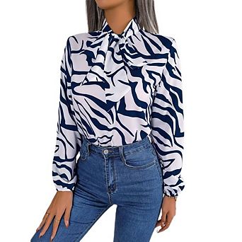 Women Tie Neck Long Sleeve Mock Neck Shirts Animal Print Zebra Tops Casual Work Blouses