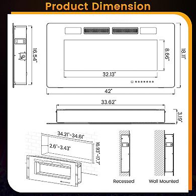 42 Inch Ultra-Thin Electric Fireplace with Decorative Crystals and Smart APP Control-42 inch