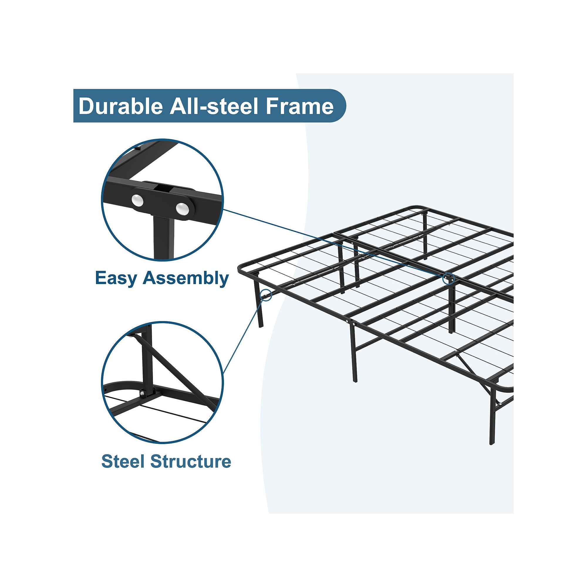 Durable all-steel foldable bed frame infographic showing features