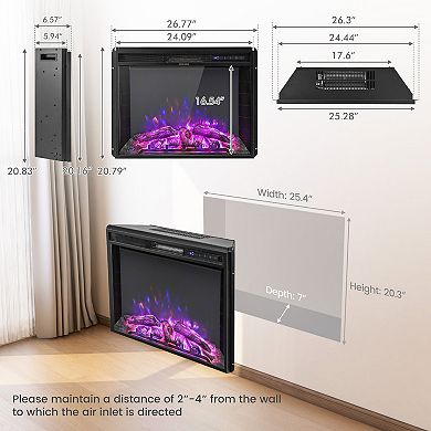 26” Recessed Electric Fireplace with Adjustable Flame Brightness