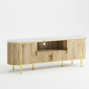 70 in Fluted TV Stand with Faux Marble Top, Center for TVs Up to 80in，Wood Media Console