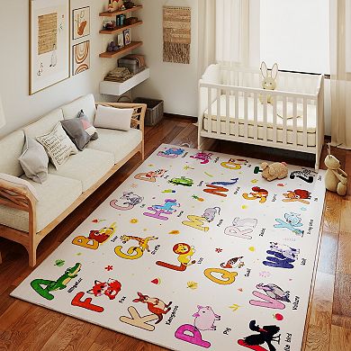 Kids ABC Educational Area Rug, Faux Cashmere Soft Non-Slip Washable Rug