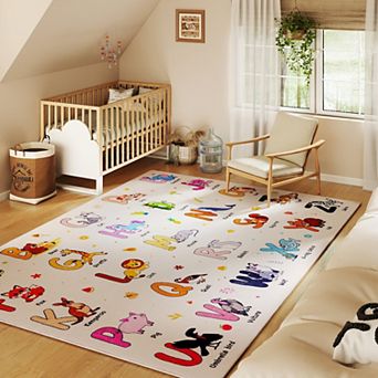 Kids ABC Educational Area Rug, Faux Cashmere Soft Non-Slip Washable Rug