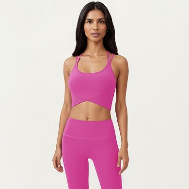 Women's Strappy Back Sports Bra with Scoop Neckline and Wide Support Band