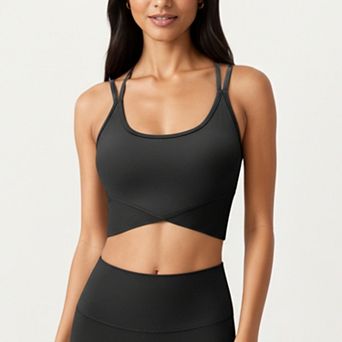 Women's Strappy Back Sports Bra with Scoop Neckline and Wide Support Band