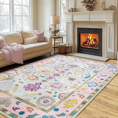 Modern Oushak Low Pile Area Rug, Soft Washable Non-Slip Carpet for Home Decor