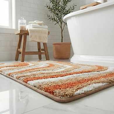 Plush Absorbent Bathroom Floor Mat with Layered Wave Pattern Soft Textured Bath Rug