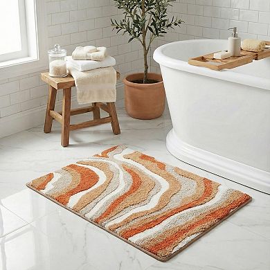 Plush Absorbent Bathroom Floor Mat with Layered Wave Pattern Soft Textured Bath Rug